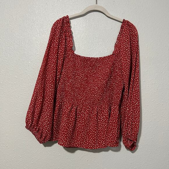 Madewell Lucie Smocked Peplum Top Red Floral Size 6 Square Neck Balloon Sleeve - Picture 8 of 9